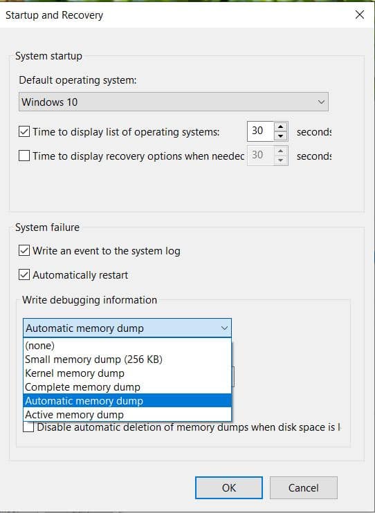 5. Windows 10 write debugging information